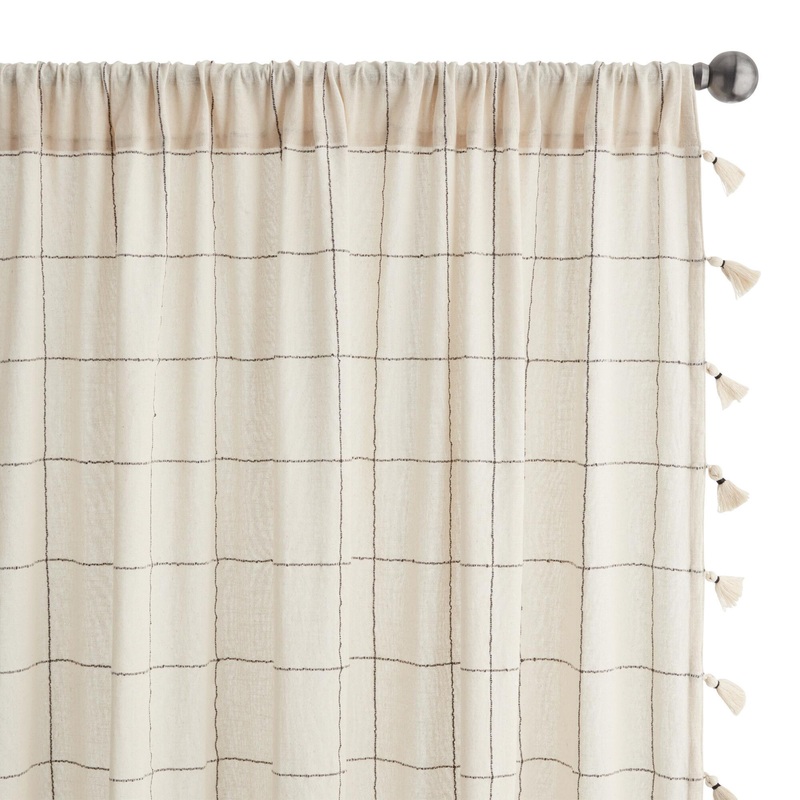 Ivory And Charcoal Madras Sleeve Top Curtains Set Of 2