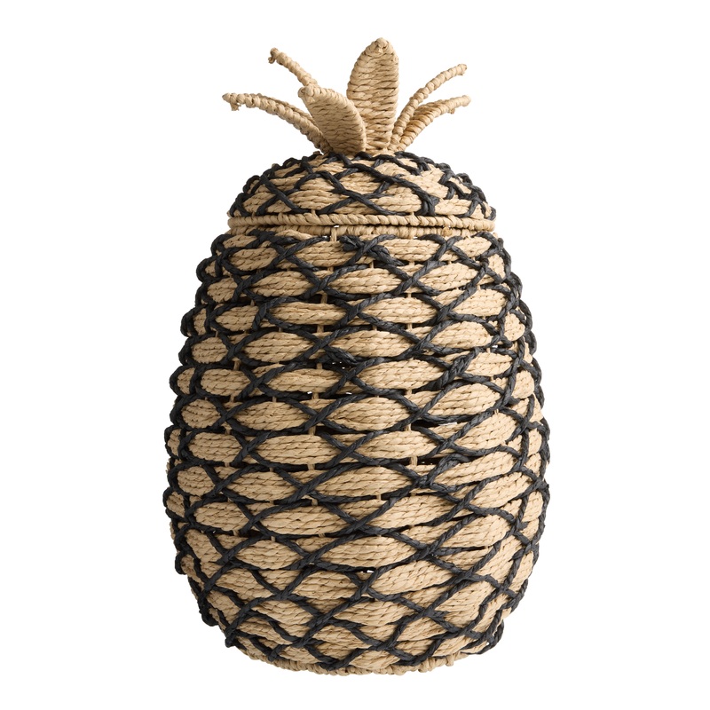 Natural and Black Paper Pineapple Shaped Basket with Lid