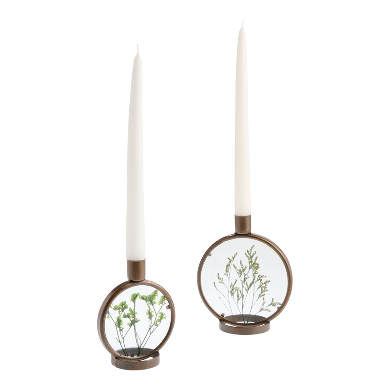Copper Metal and Glass Pressed Flower Taper Candle Holder