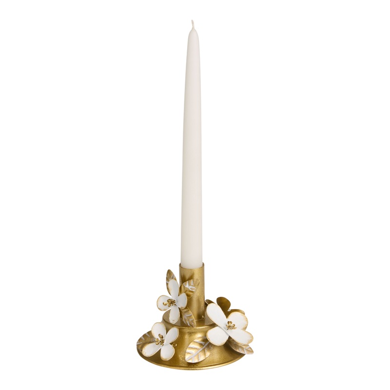 Gold and White Metal Flower Cluster Taper Candle Holder