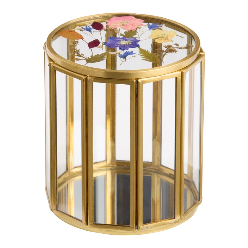 Glass Pressed Flower Cylindrical Trinket Box