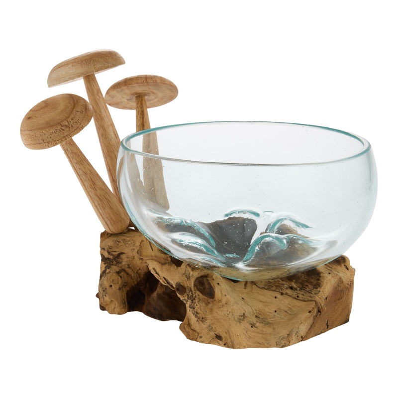Sculpted Mushroom and Driftwood Blown Glass Bowl Decor