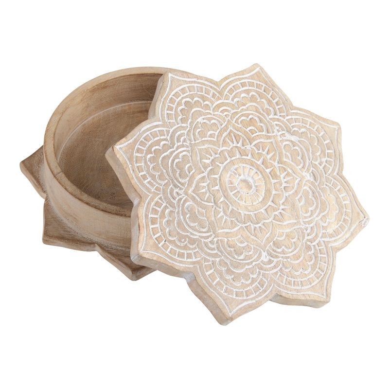 Whitewash Carved Wood Floral Mandala Box