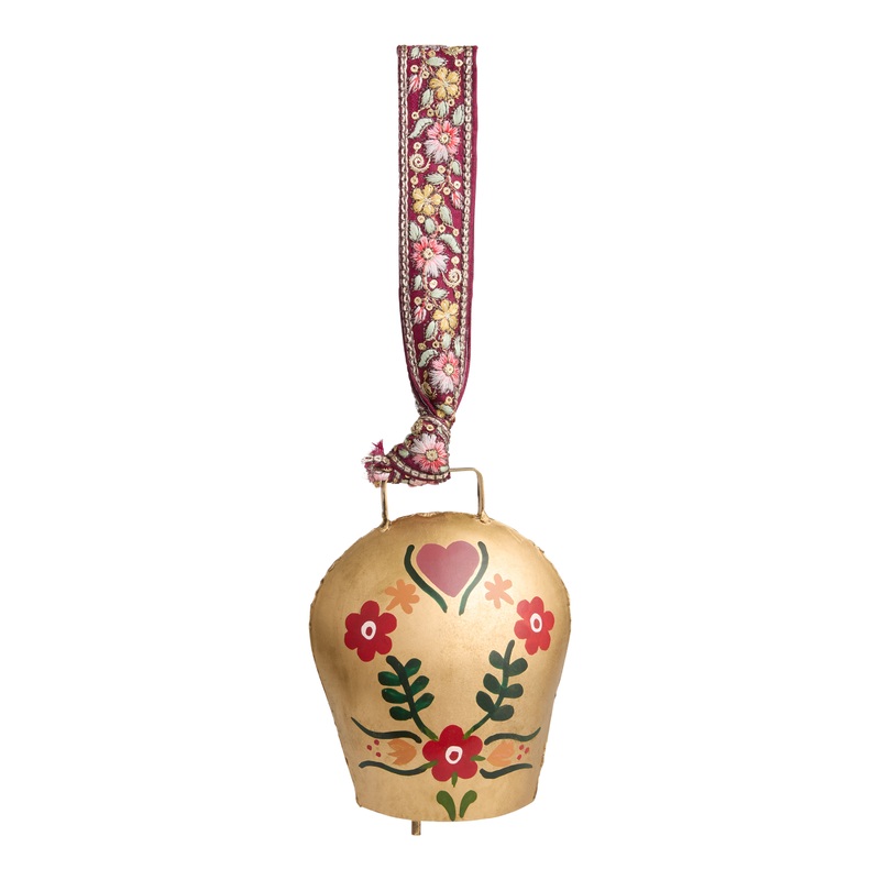 CRAFT Wide Gold Painted Cow Bell on Embroidered Loop Decor