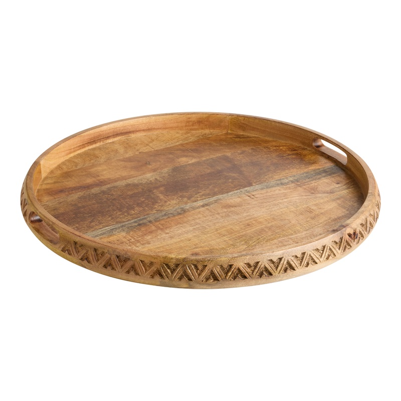 Colette Round Warm Chestnut Carved Geo Ottoman Tray