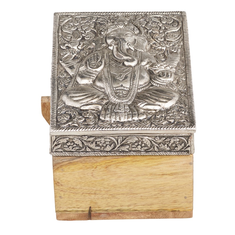 Embossed Metal and Wood Ganesh and Hamsa Boxes Set of 2