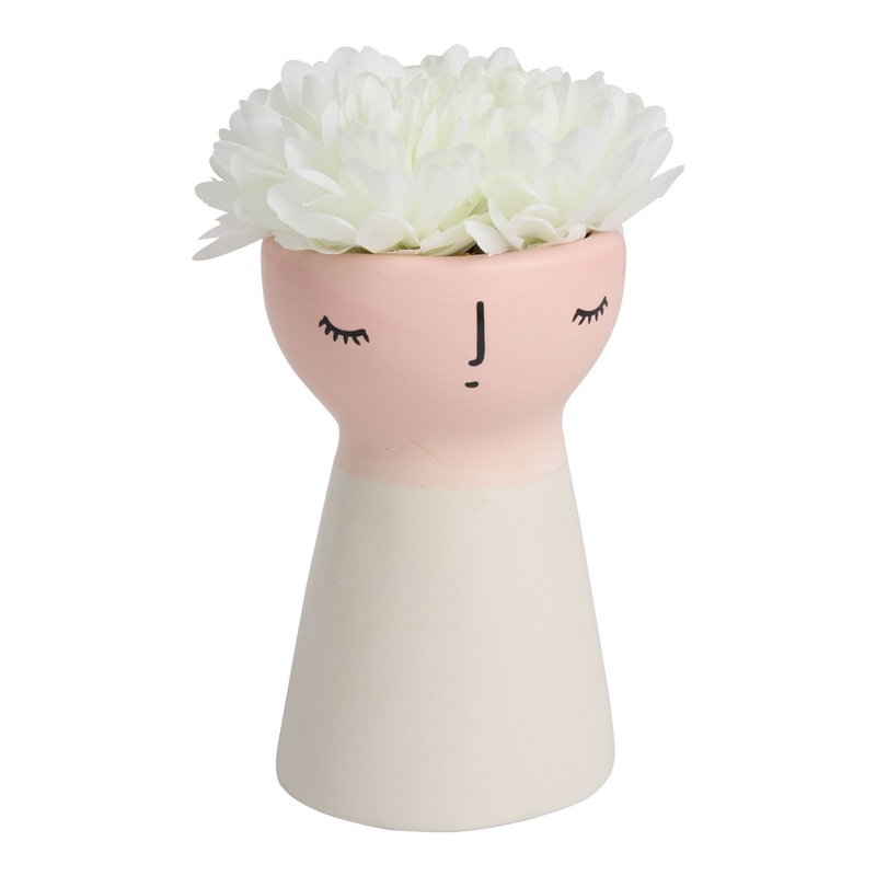Faux White Hydrangea with Ceramic Face Vase