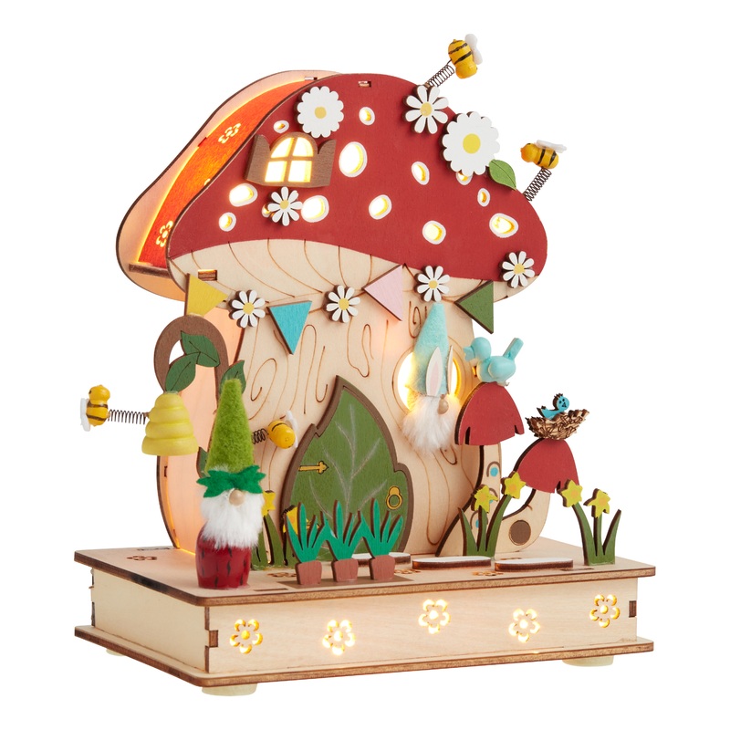 Laser Cut Wood Mushroom House LED Light Up Decor