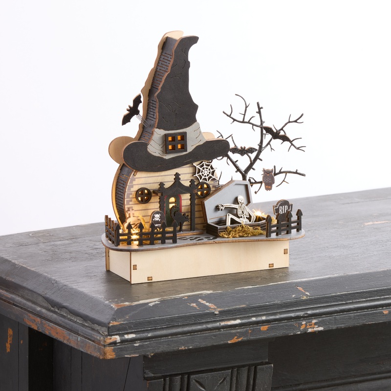 Laser Cut Wood Witch Hat House Halloween LED Light Up Decor