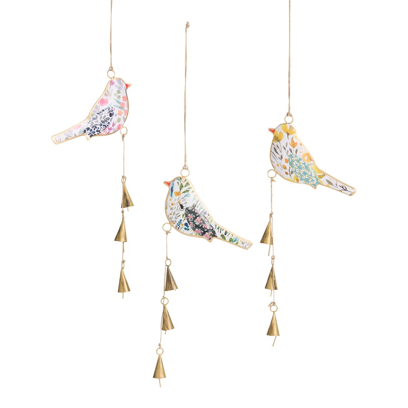 Metal Floral Bird and Bells Wind Chime Set of 3