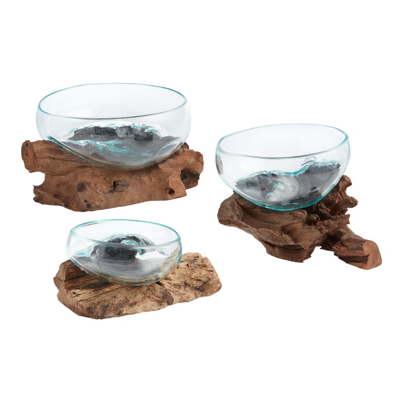 Natural Driftwood And Blown Glass Bowl Decor