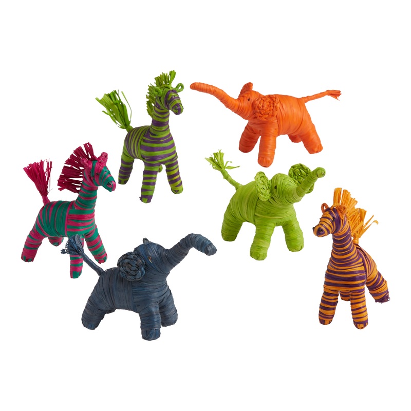 Raffia Elephants and Giraffes Set of 6