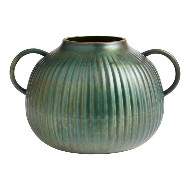 Brass Patina Metal Ribbed Vase with Handles