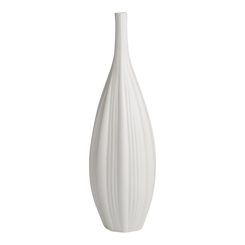 Large White Ceramic Narrow Neck Ribbed Vase