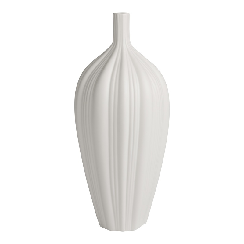Medium White Ceramic Narrow Neck Ribbed Vase