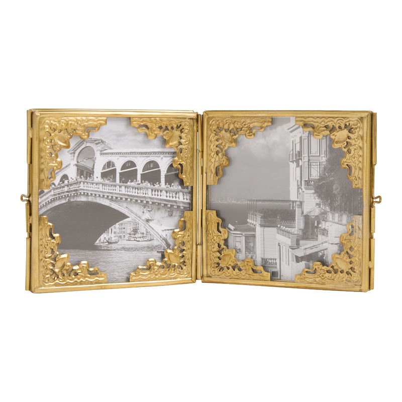 Square Antique Brass Lace Hinged Double Picture Frame