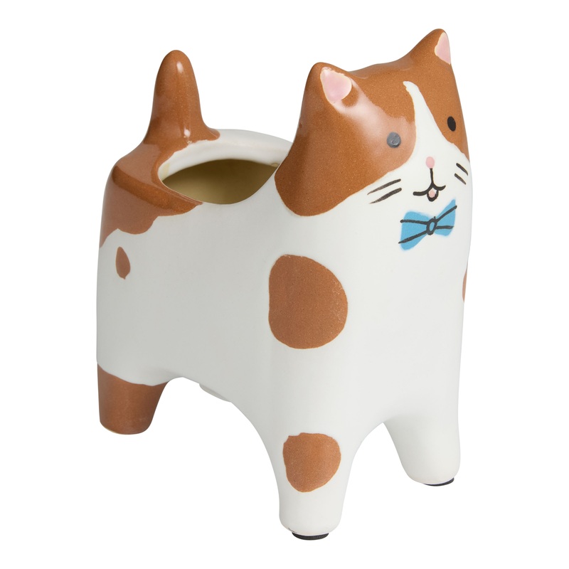 White and Tan Ceramic Standing Cat Vase