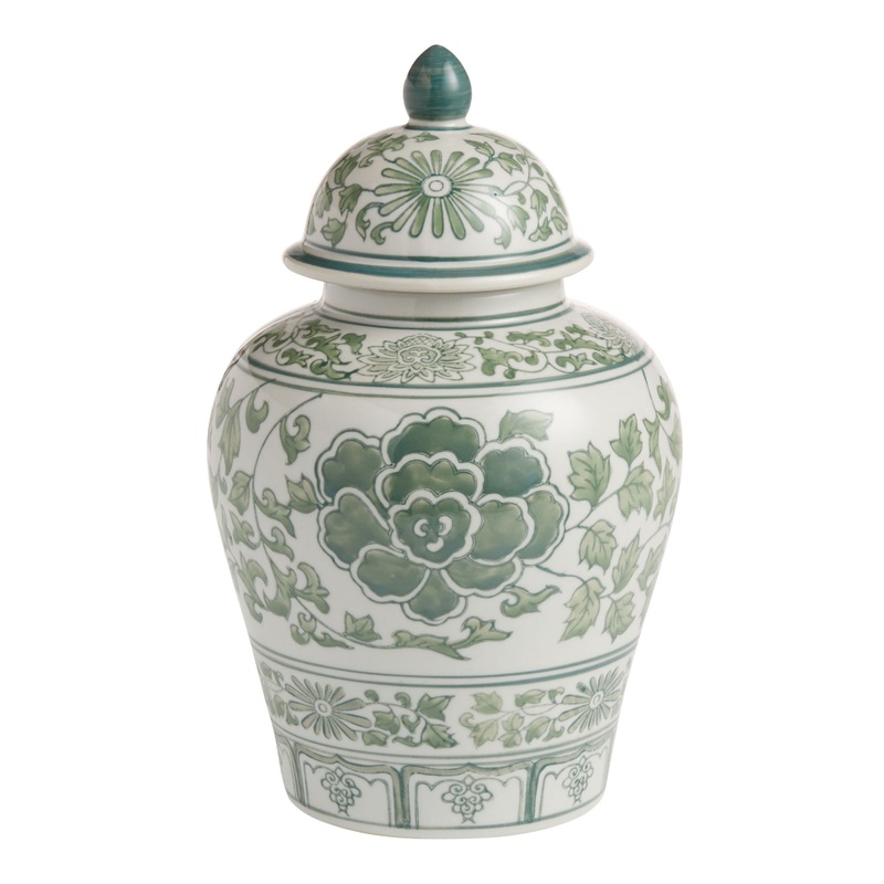 CRAFT Green Hand Painted Floral Porcelain Jar With Lid