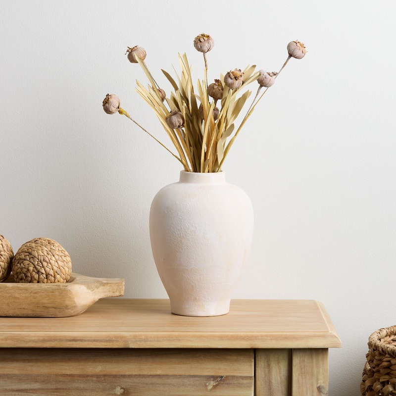 Faux Fall Poppy Pod Spray with Whitewash Urn Vase