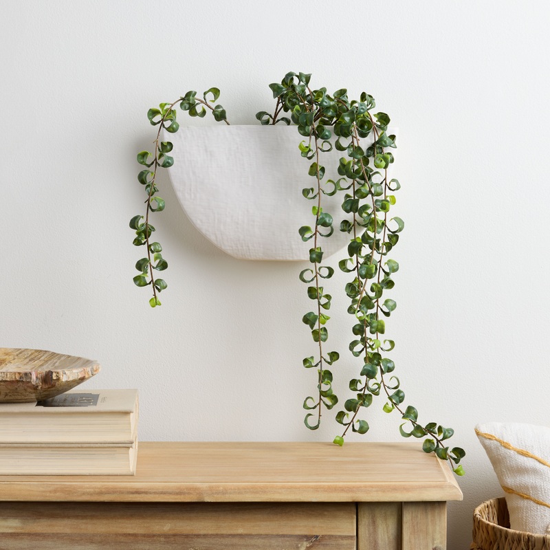Faux Ficus Hanging Stem with White Half Circle Wall Vase