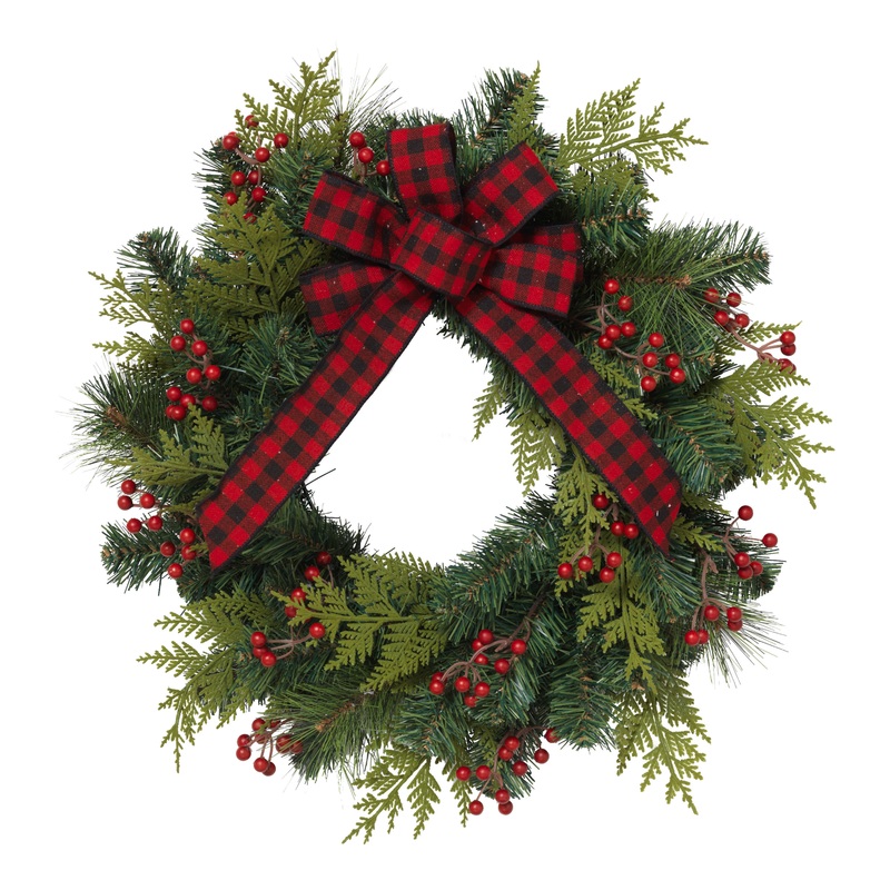 Faux Pine and Red Berry Wreath with Plaid Bow