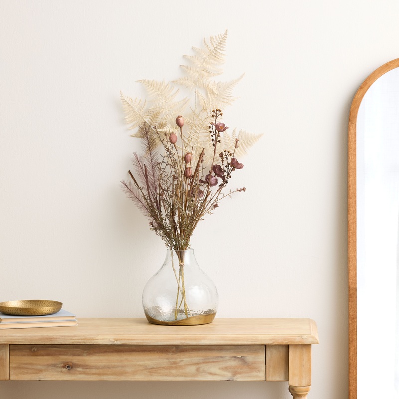 Faux Pods and Foliage Arrangement with Hammered Glass Vase