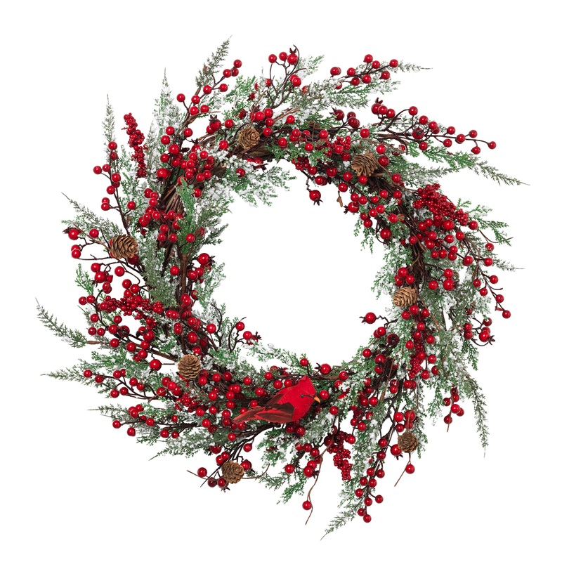 Faux Red Berry and Pinecone Wreath with Cardinal