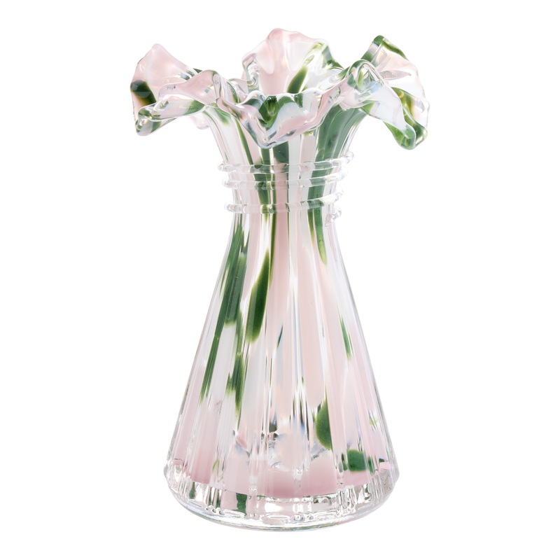 Green and Pink Glass Ruffle Rim Vase