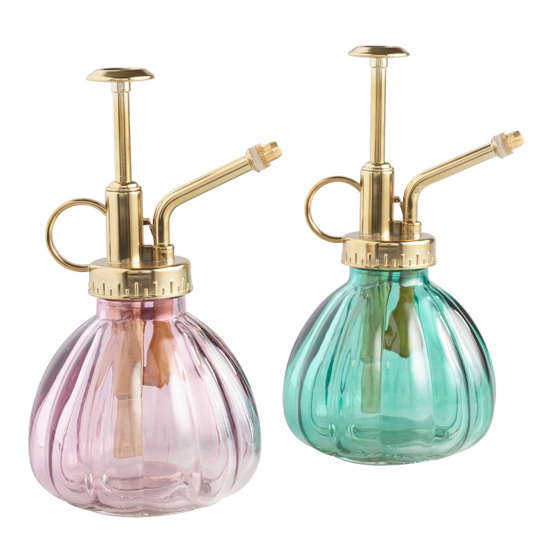Green and Pink Ribbed Glass Plant Misters Set of 2