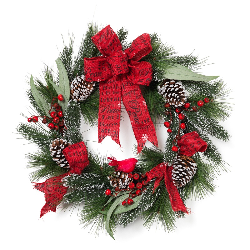 Icy Faux Pine and Berry Wreath with Red Holiday Bow