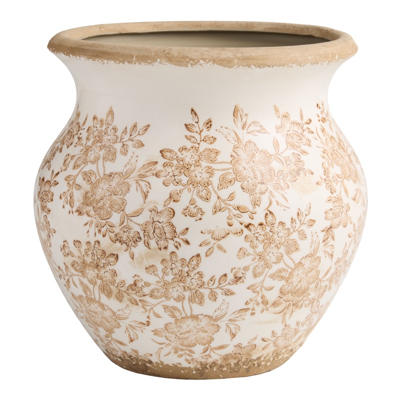 Large Ivory and Brown Ceramic Chinoiserie Vase