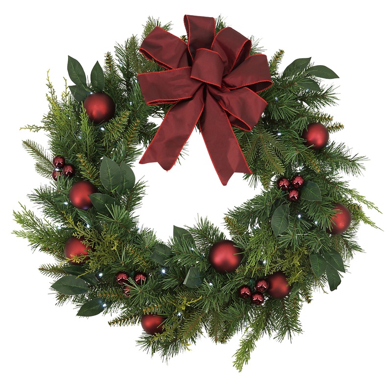 Large Pre Lit LED Faux Pine and Cedar Wreath with Ornaments
