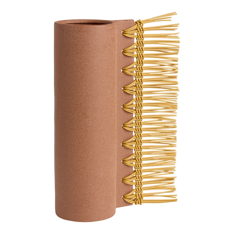 Mauve Ceramic and Faux Leather Textured Fringed Vase