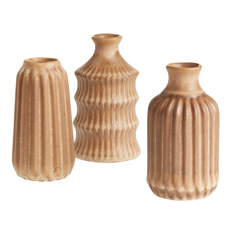 Mini Brown Reactive Glaze Ceramic Bud Vases Set Of 3