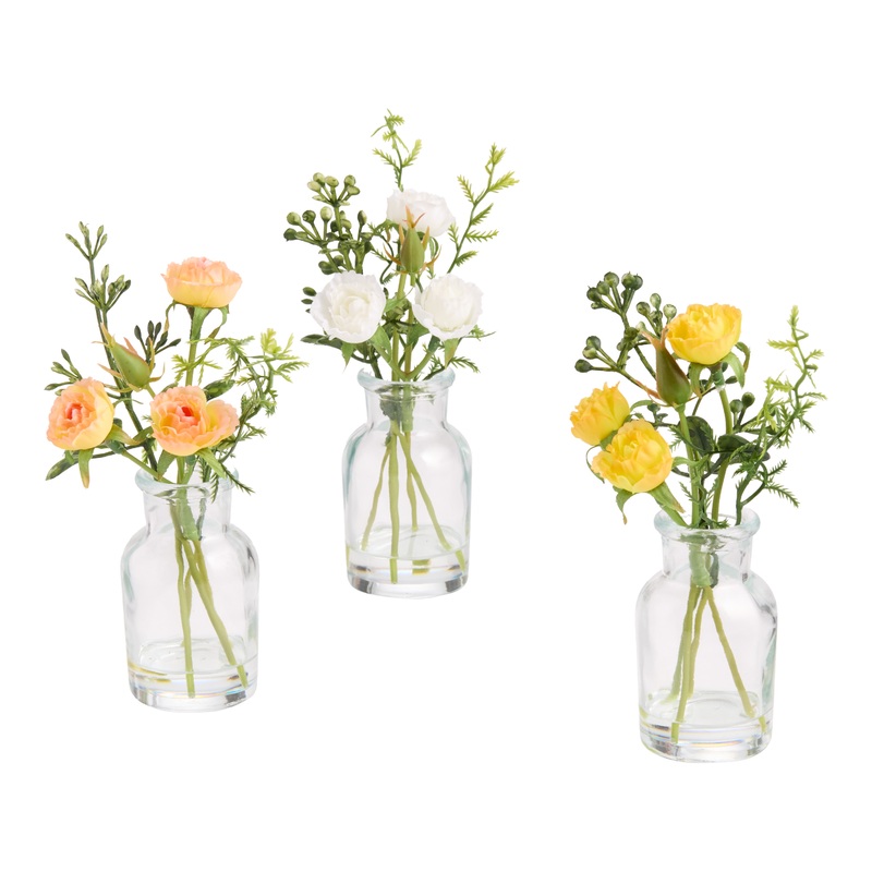Mini Faux Floral Arrangements with Glass Vases Set of 3