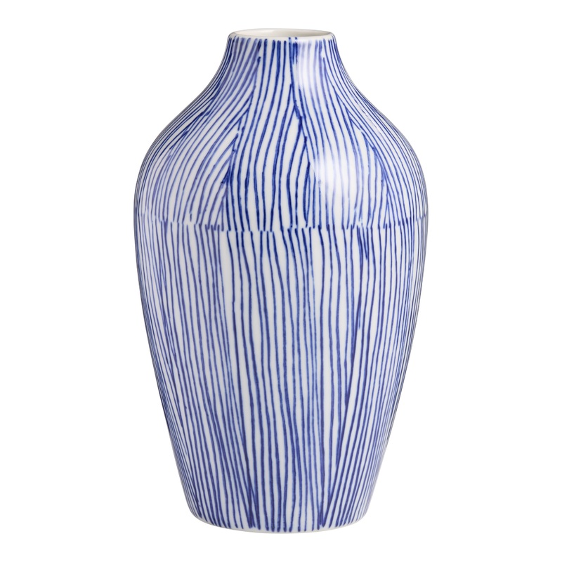 White and Blue Ceramic Sketched Stripes Vase