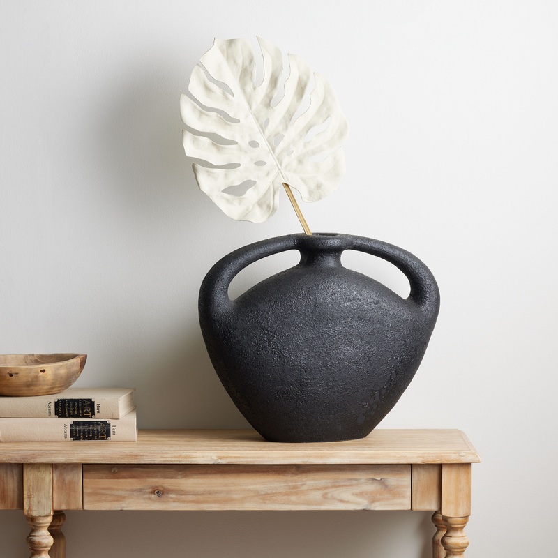 White Faux Monstera Stem with Black Terracotta Floor Vase
