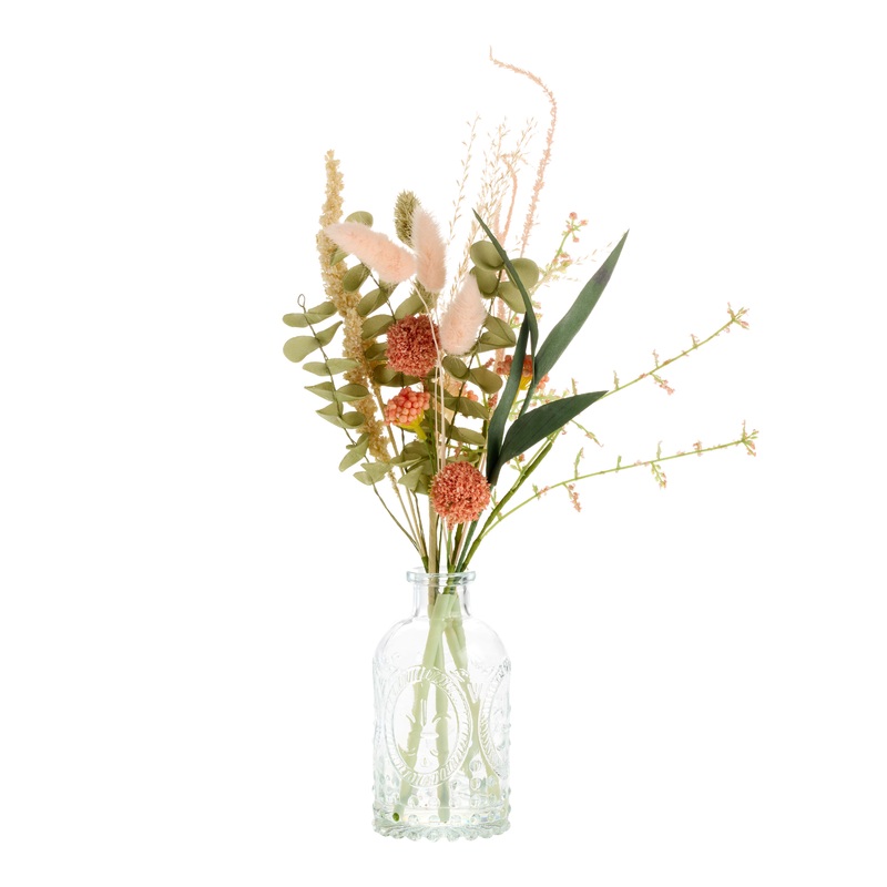 Dried and Faux Sunset Floral Arrangement with Glass Vase