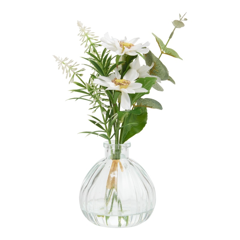 Faux Daisy Floral Arrangement with Glass Vase