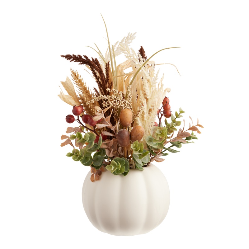 Faux Floral Harvest Arrangement In Pumpkin Pot