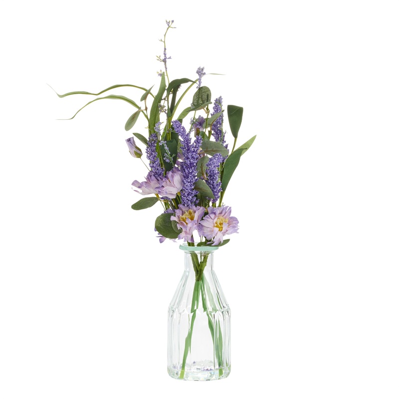 Faux Greenery and Purple Floral Arrangement with Glass Vase