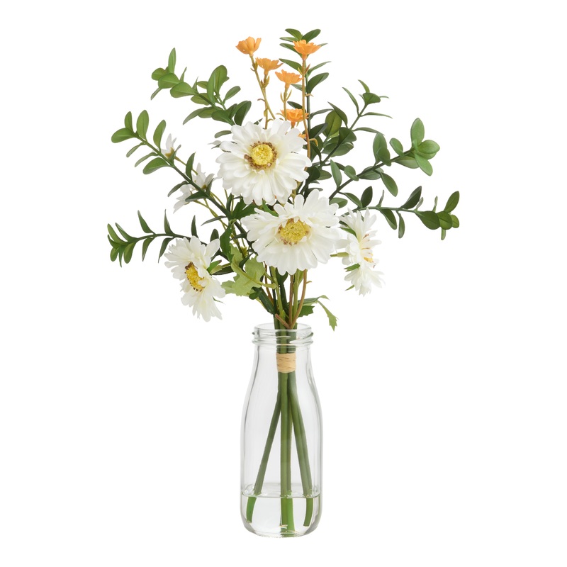 Faux Orange and White Floral Arrangement with Glass Vase