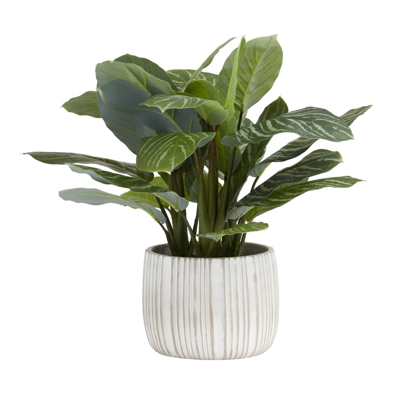 Faux Philodendron Birkin Plant in White Striped Pot
