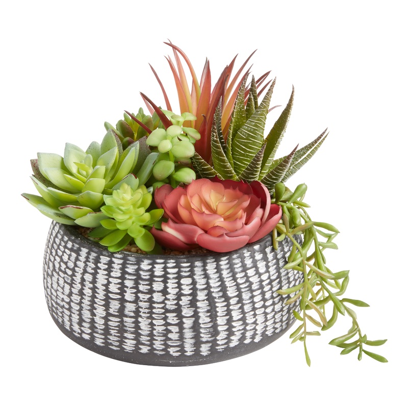 Faux Succulent Arrangement in Black Etched Ceramic Pot