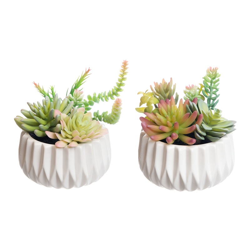 Faux Succulent Arrangements in Geo Ceramic Pots Set of 2