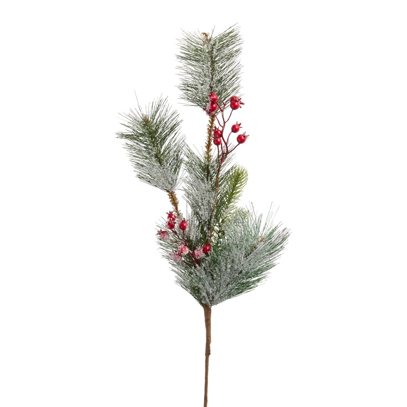Icy Green Bottlebrush Faux Pine with Red Berries Pick