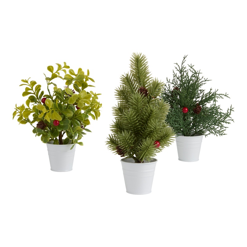 Mini Faux Tree with Red Berries in White Pot Set of 3