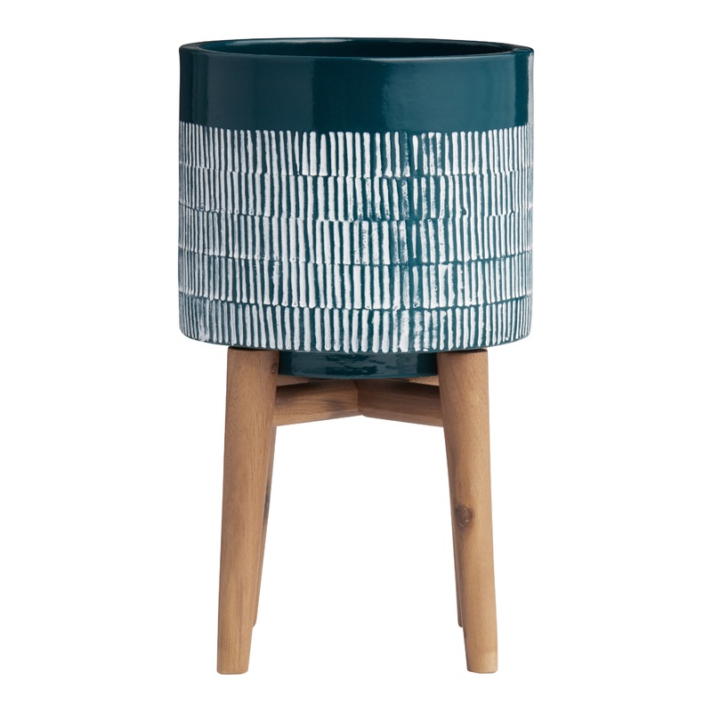 Dark Turquoise Ceramic Planter with Wood Stand