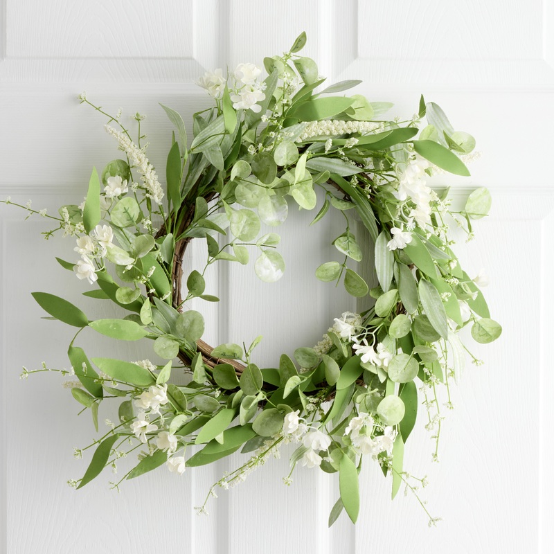 Faux Eucalyptus and White Blossoms Wreath