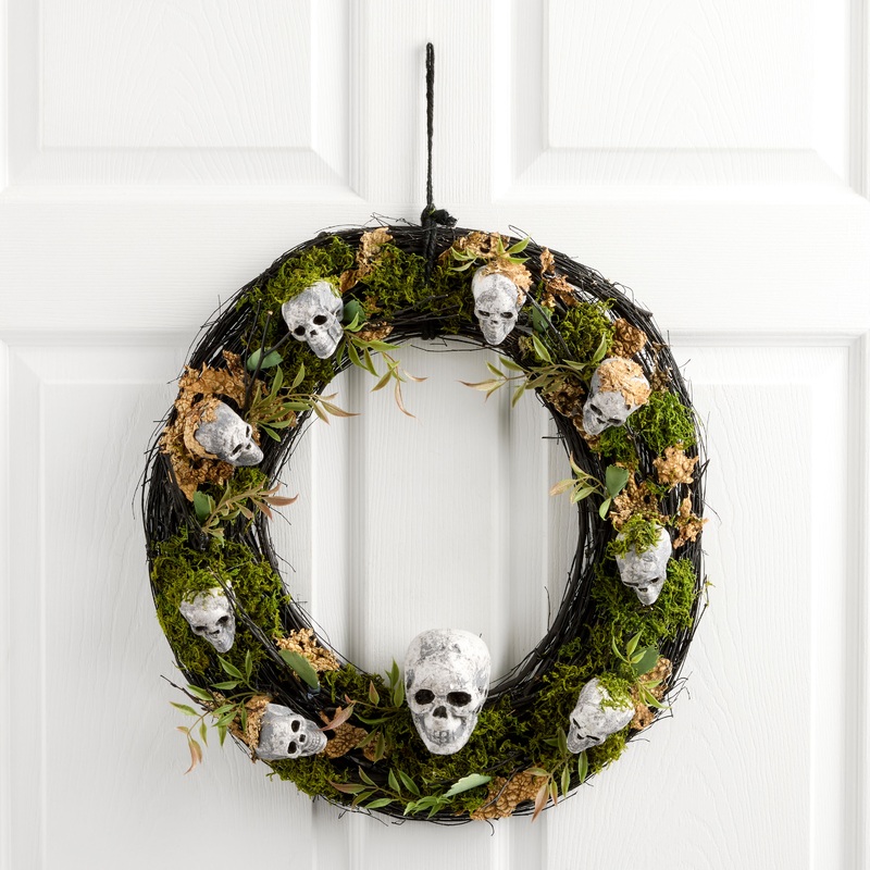 Faux Greenery and Skulls Halloween Wreath